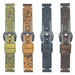 Onthelevel Vintage Watch Strap 22mm 24mm Handmade Carved Embossed Watch Band For Panerai With Carved Engraved Buckle #D