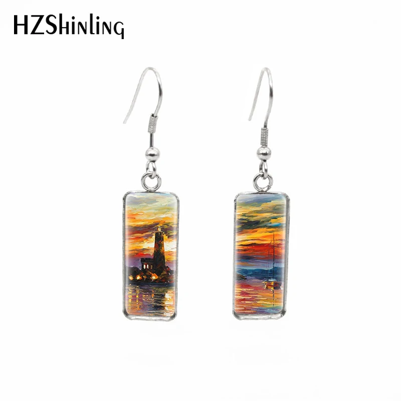 2020 New Night Watch Under Sea Earring Lighthouse Sunrise Rectangular Hook Earrings Glass Cabochon Jewelry Handmade