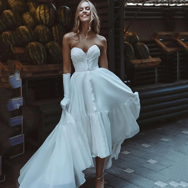 Vestido de novia bohemio Alto y Bajo, ropa de novia barata de gasa con corsé en la espalda, Vestidos de boda para playa, espalda larga, Frente corto, 2021