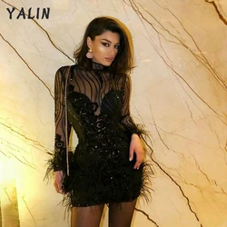 Customized Black Long Sleeve Cocktail Dresses High Neck Sheath Lace Sequins Short Party Gown Feather Prom Formal Occasion