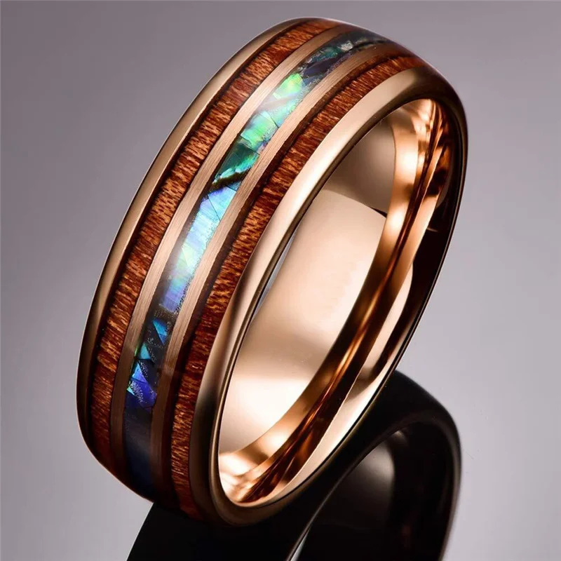 8mm Fashion Ring Rose Gold Inlaid Wood Grain Men Engagement Rings Unisex Jewelry Abalone Decorative Vintage Jewelry