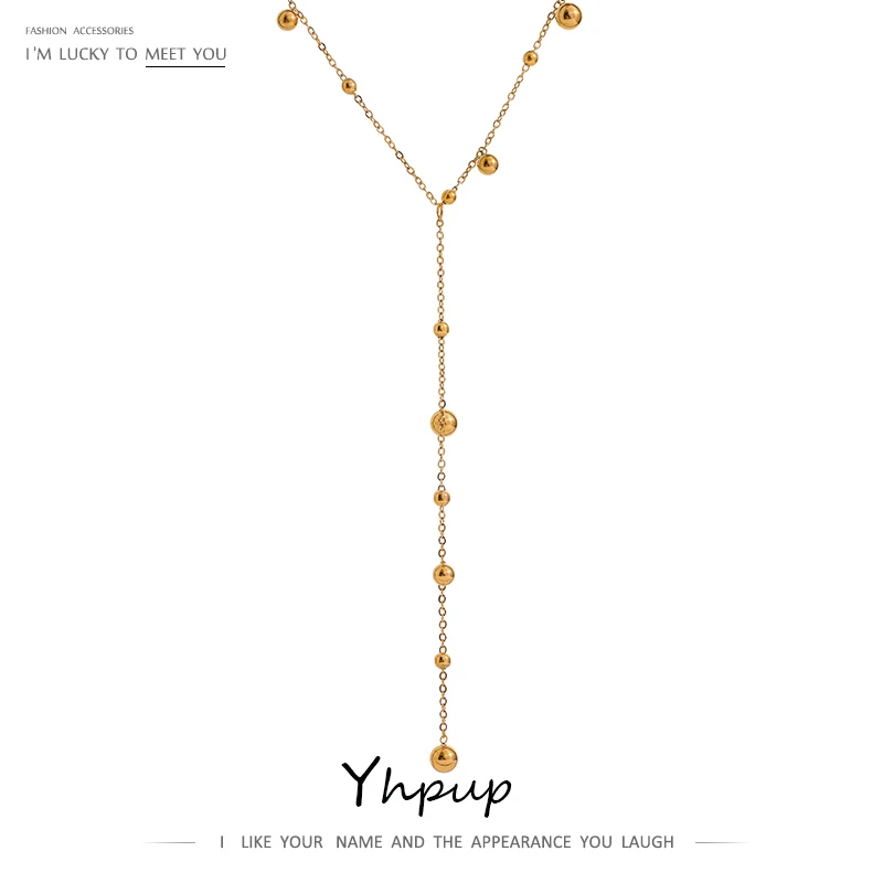 Yhpup Stainless Steel Bead Long Pendant Necklace Minimalist 18 K PVD Plated Metal Collar Fashion Jewelry бижутерия Party Gift