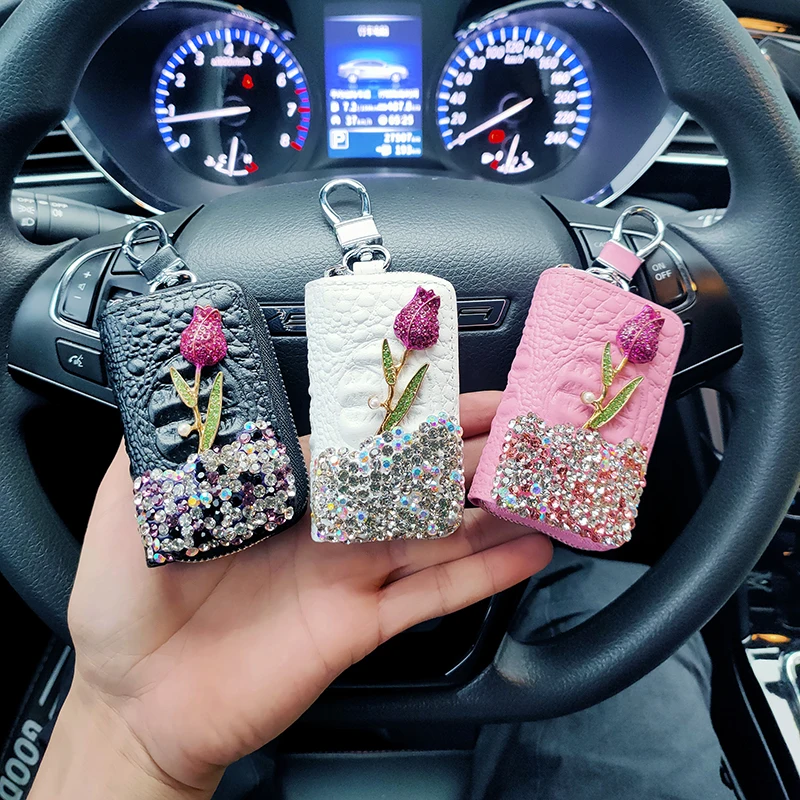 Luxury Flower Car Key Holder Storage Case Crystal Diamond Keychains Key Cover Remote Key Bag Wallet for BMW Lada Accessories