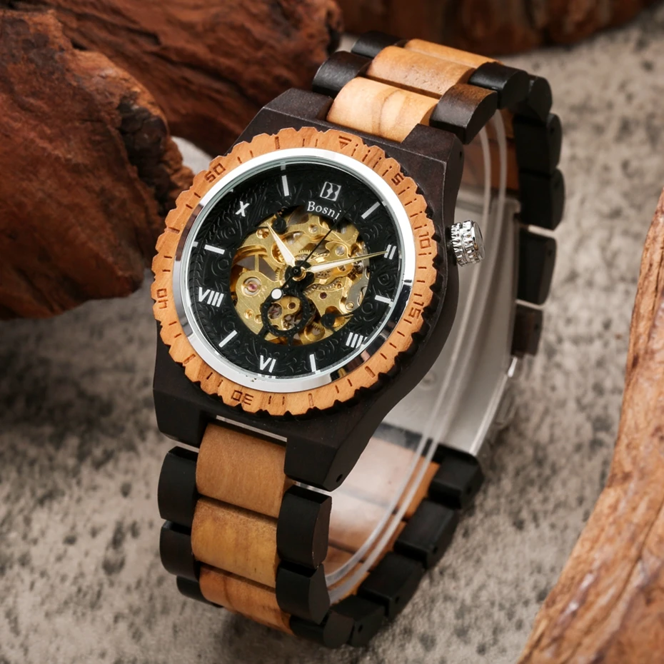 Mens Watches Top Luxury Mechanical Retro Black Face Automatic Skeleton Wooden Watch Clock Men Full Wood Band Business Wristwatch