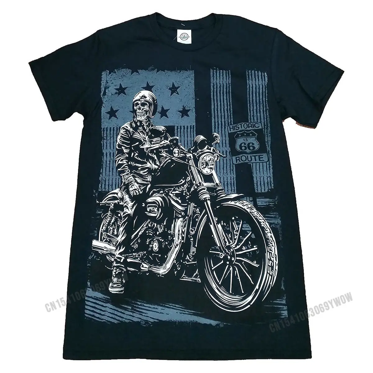 Historic Route 66 Skeleton on Motorcycle Graphic T-Shirt Tshirts Normal High Quality Men Tops Tees Normal Cotton