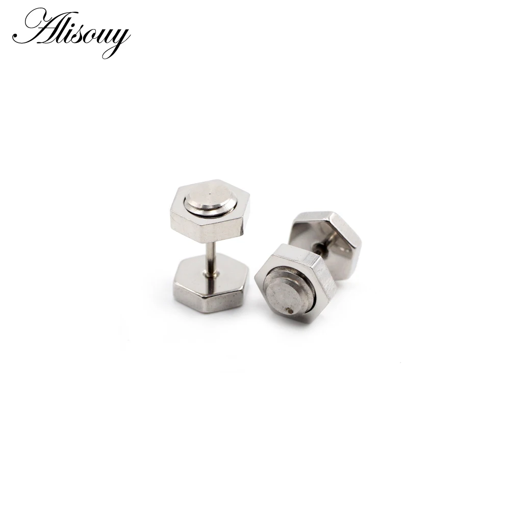 Alisouy 2pcs New Unisex Gothic Punk Rock Stainless Steel Hexagon Nail Screw Women Men Ear Stud Earrings Piercing Body Jewelry