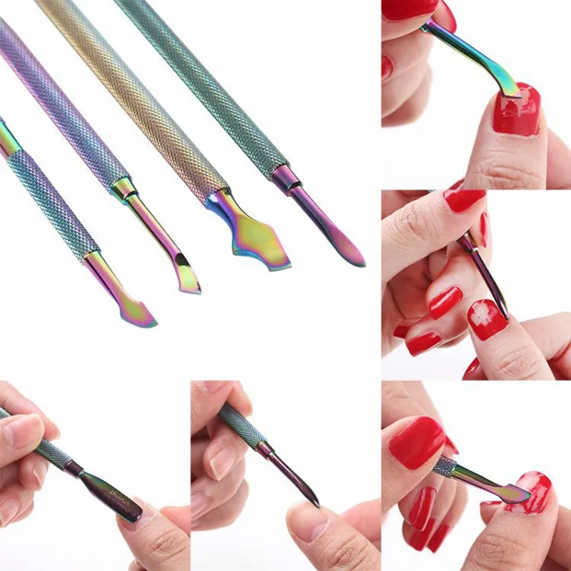 4Pcs Edelstahl Doppel Seite Maniküre Set Nail art Häutchen Pusher-Tool Dead Skin Remover Gel Polnischen Pediküre Reinigung werkzeug