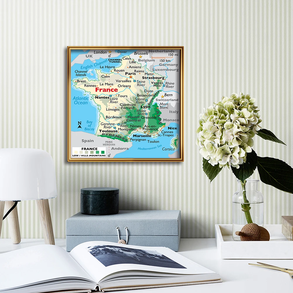 60 * 60 cm Orograficzna mapa Francji Wall Art Plakat na płótnie Malarstwo Pokój dzienny Dekoracja domu Artykuły szkolne dla dzieci