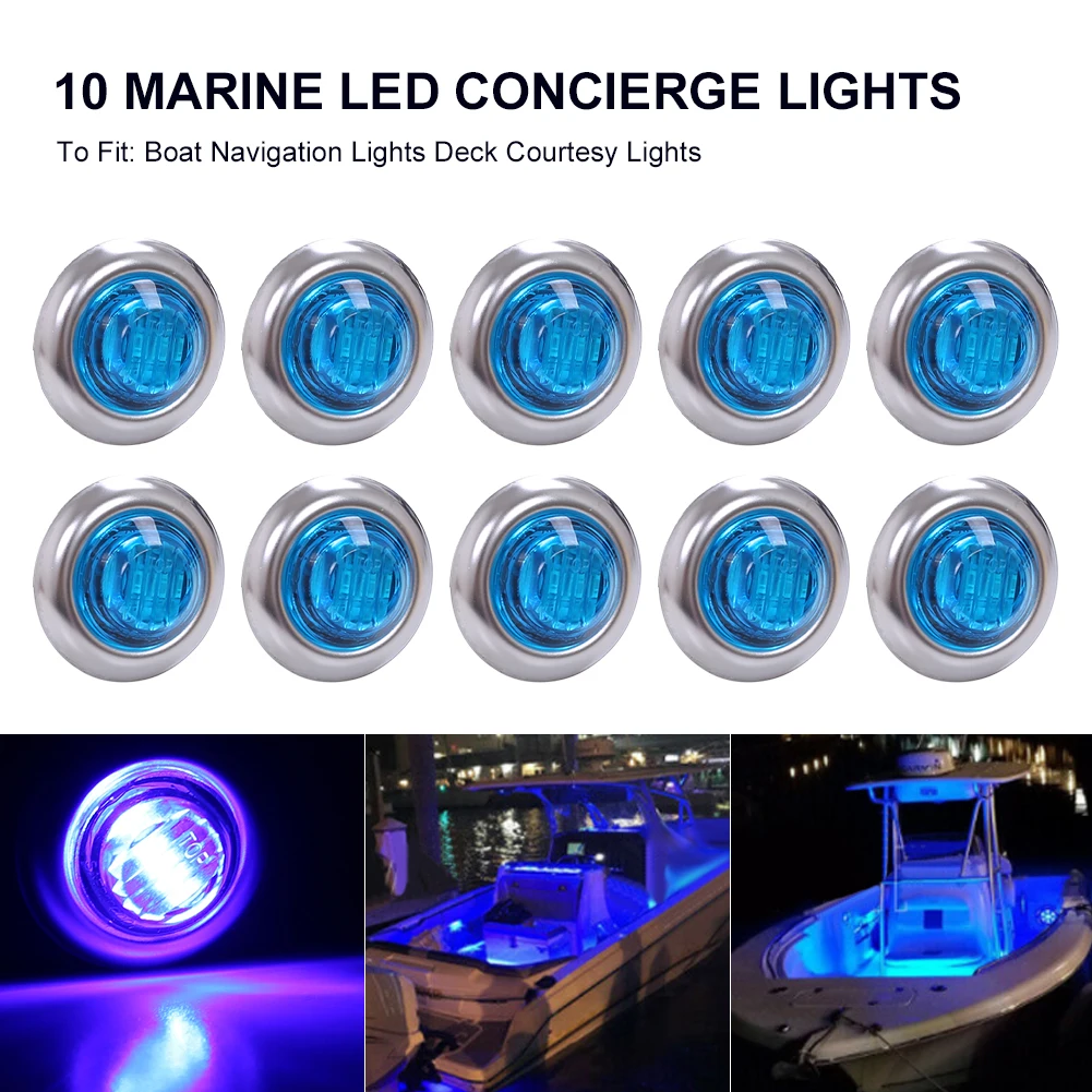 10Pcs 12V Marine Boat Transom LED Stern Light Round White LED Tail Lamp Waterproof IP67 Yacht Side Marker Courtesy Lights Blue