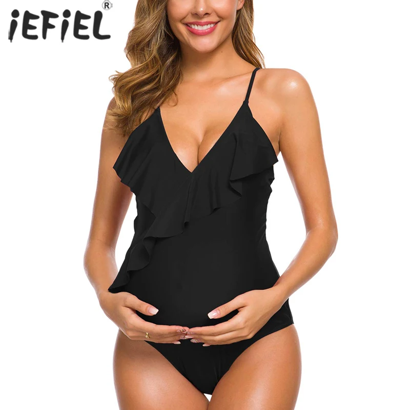 

Maternity Swimwear One Piece Ruffle Flounce V Neck Halter Pregnancy Monokini Swimsuit Pregnant Bikini Bathing Suit Beachwear