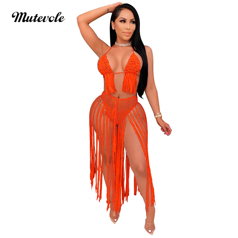 Mutevole Women Summer Crochet Bikini Set Tassel Swimwear Sexy See Through Cover Up Skirt Hollow Out 2 Piece Knitted Beach Set