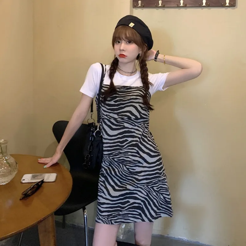 

WERUERUYU High Waist Sling Print Slim Zebra Suspender Dress Knee Sleeveless Sexy