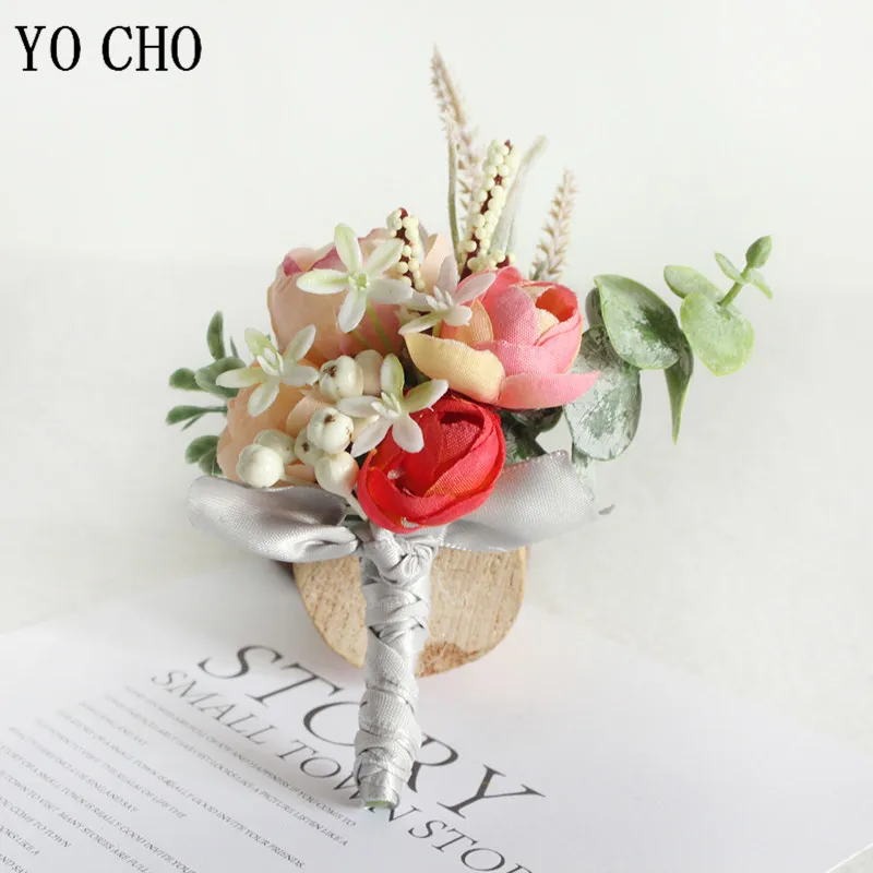 Yo cho casamento pulso corsage pulseira feminino noivo boutonniere pinos manguito pulseira dama de honra casamento testemunha de seda corsage flores