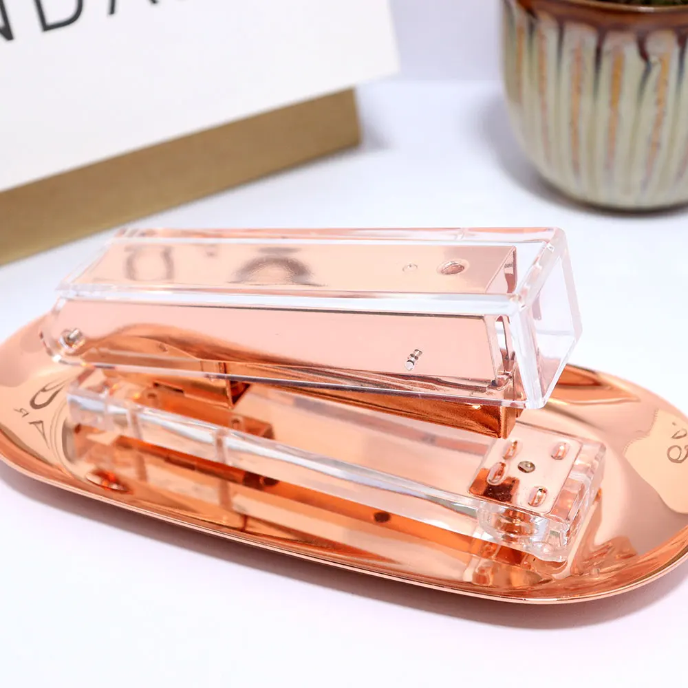 Stapler Kantor Transparan Tugas Berat Stapler Pengikat Kertas Warna Rose Gold/Emas/Hitam/Perak/Rainbow dengan Staples