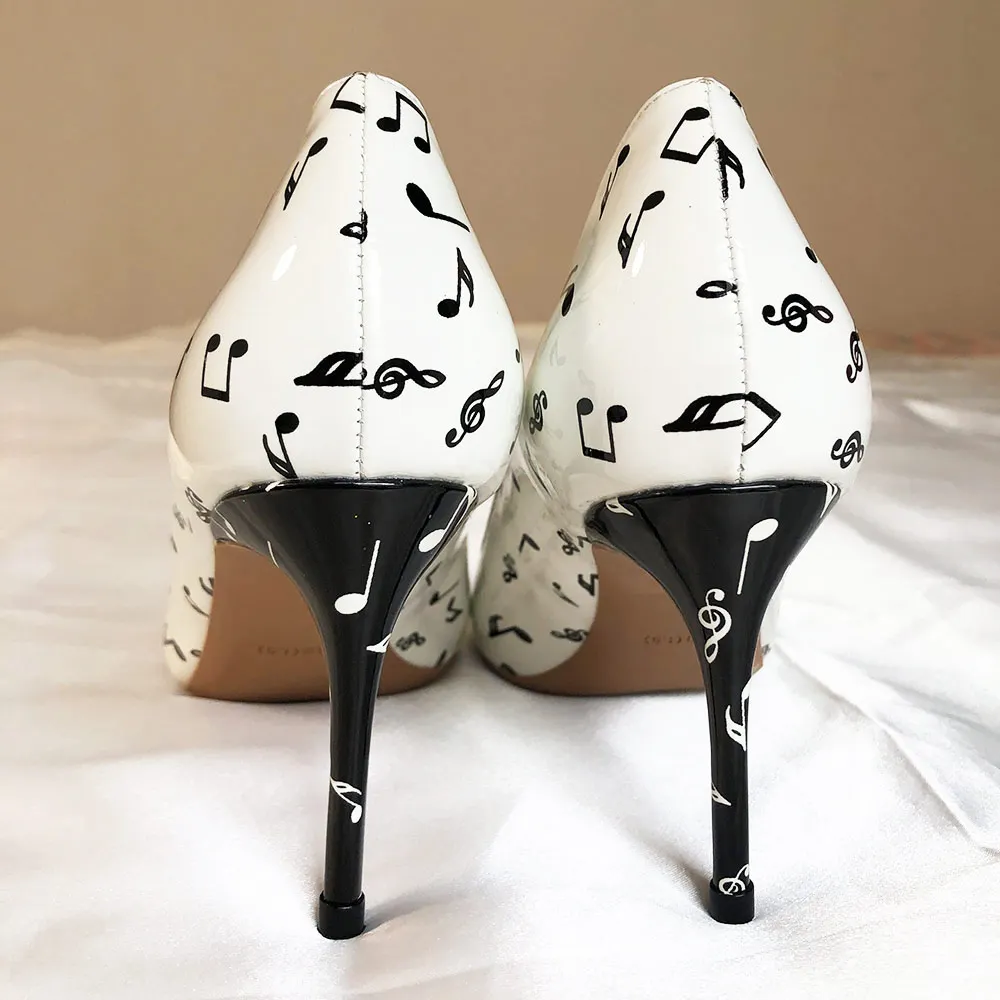 Veowalk Music Symbols Printed Women Stiletto High Heels Slip On Pointy Toe Patent Leather Pumps Cute Ladies Formal Dress Shoes