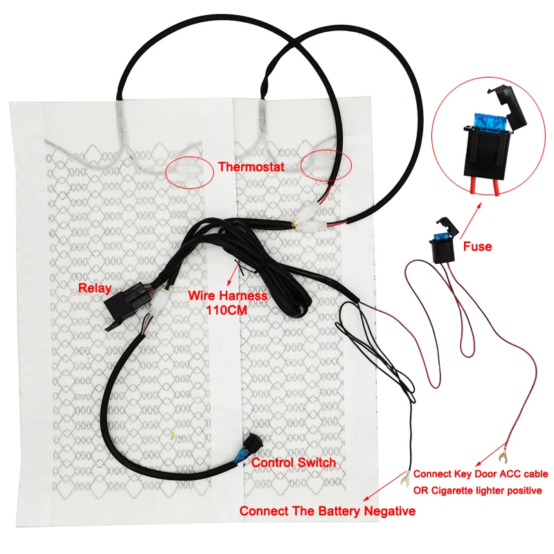 Built-in Car Seat Heater Fit 2 Seats 12V Carbon Fiber Seat Heating Pad High/low Temperature Adjustable Round Switch Controller