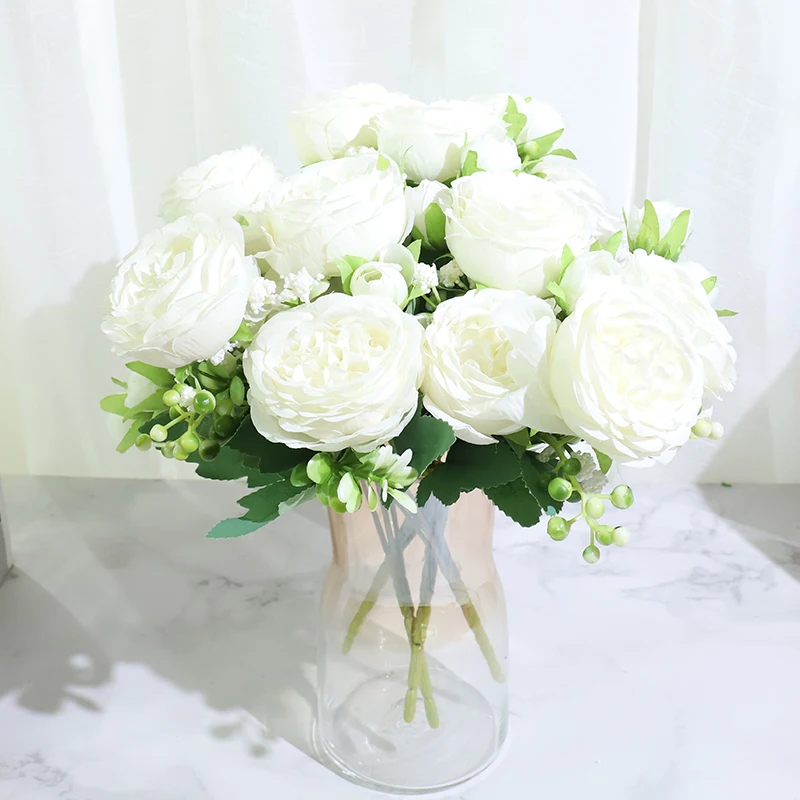 Best Selling Beautiful Rose Peony Artificial Silk Flowers Small White Bouquet Home Party Winter Wedding Decoration Fake Flowers