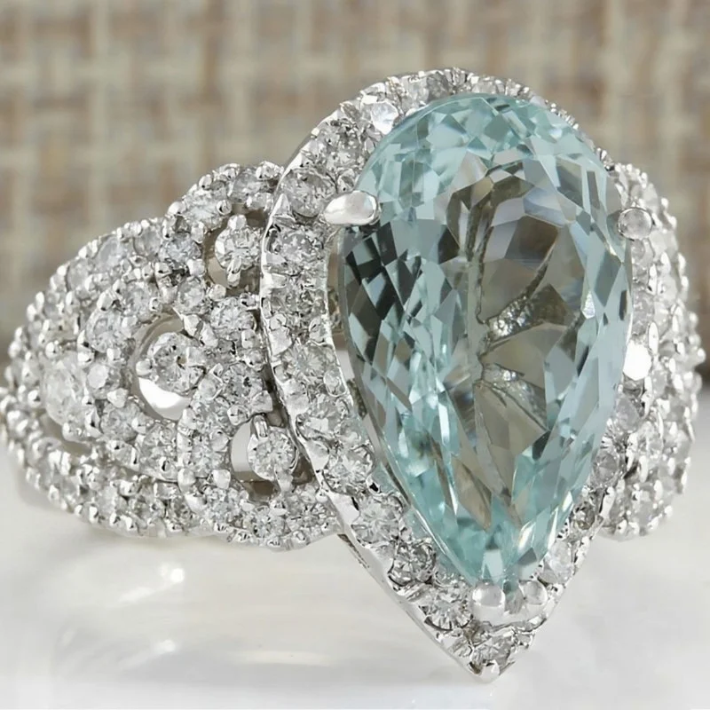 Deluxe Fashion Sea Blue Diamond Female Engagement Wedding Ring Size 6-11