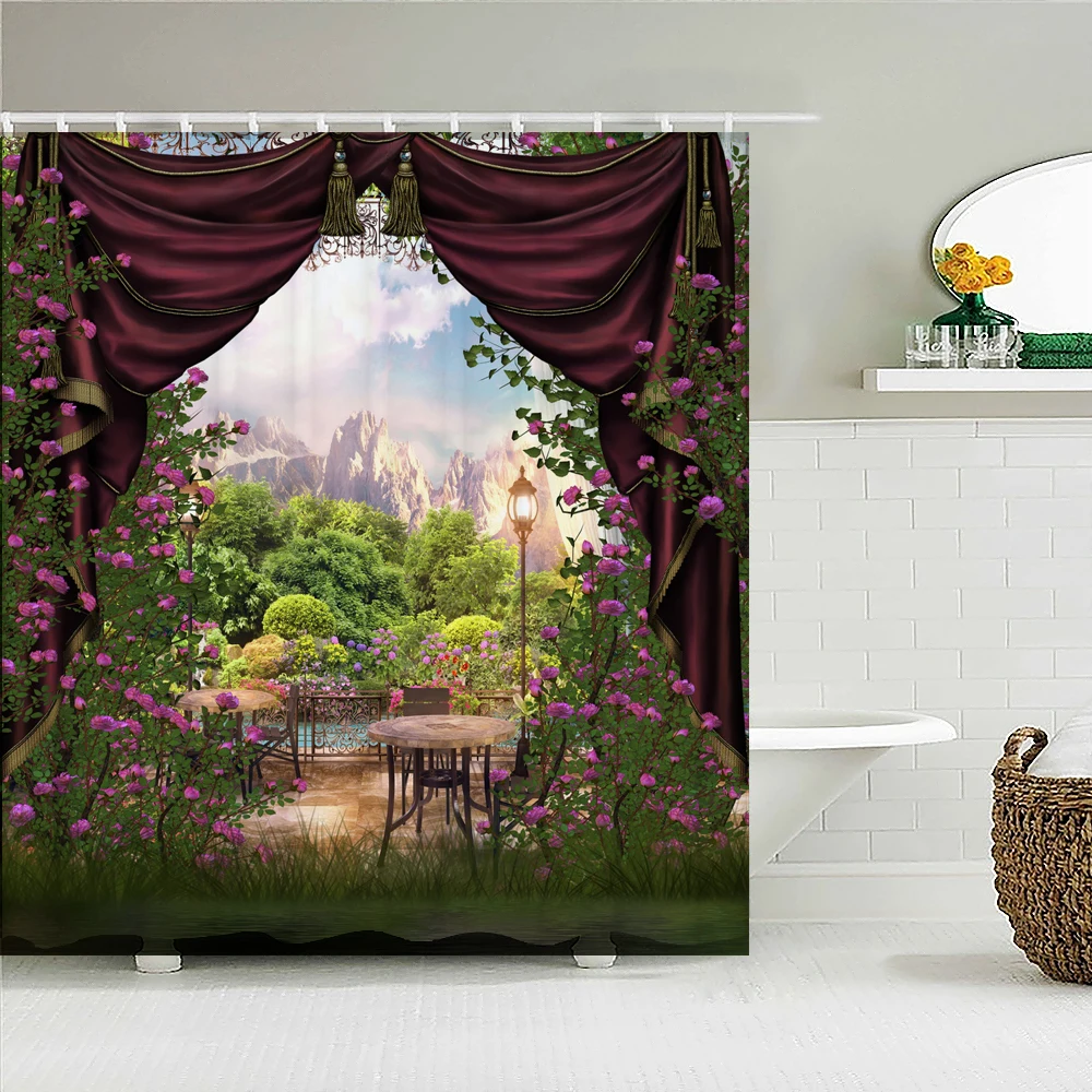 European style Flowers Forest Landscape Shower Curtain Bathroom Curtains Frabic Waterproof Bath Curtain for Bathroom 180X180cm