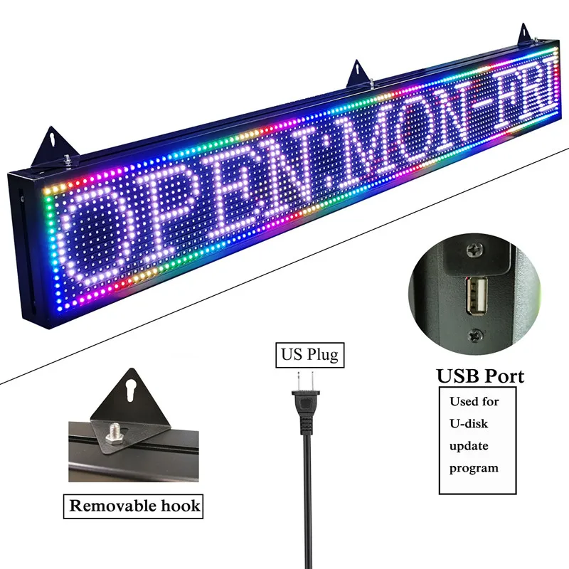 P10 mm Led Sign 52 x 8 inch Led Scrolling Message Board RGB Full Color Display for Advertising Business Programmable by WiFI