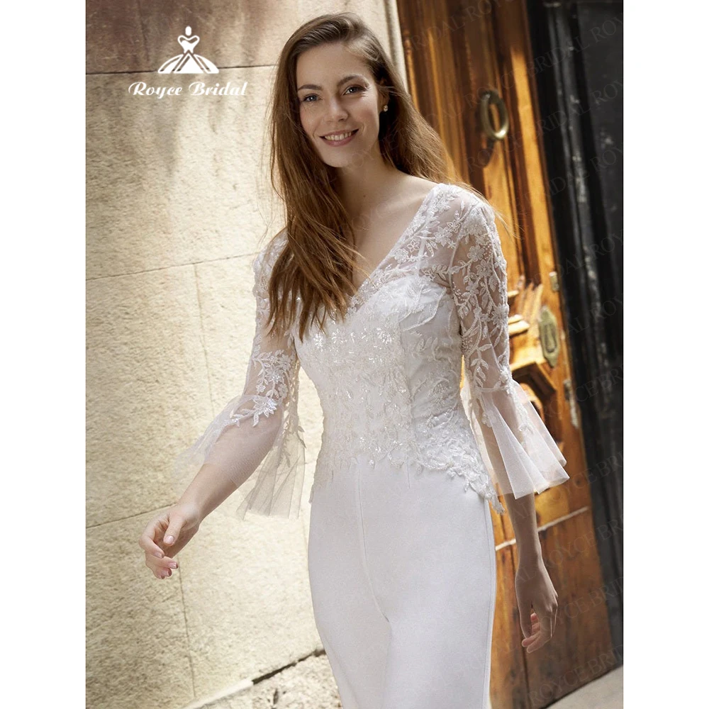 Elegant Wedding Jumpsuit Women 2022 Embroidered Tulle 3/4 Bell Sleeves Pants Sets for Brides White Formal Dresses vestido novia