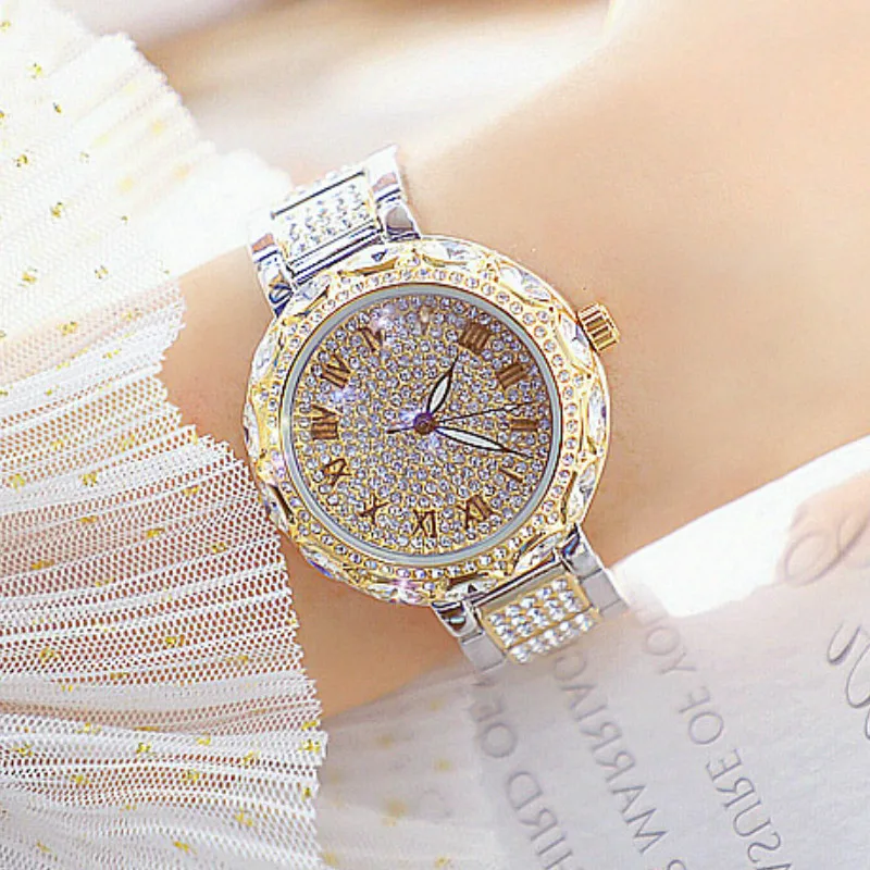 Women Watches Gold Luxury Brand Diamond Quartz Big dial Ladies Wrist Watches Stainless steel Clock Female Watch relogio feminino