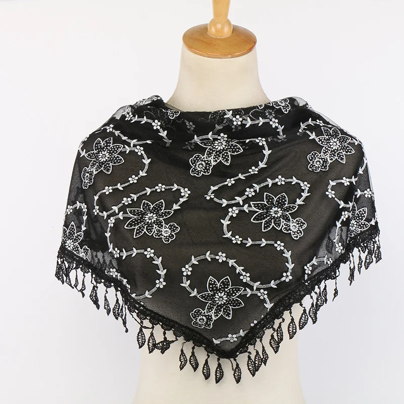 Embroidered Scarf for Church Catholic Prayer Shawl Spanish Mantilla Lace Hollow Veil Scarf Tassel Floral Transparent Shawl Laven