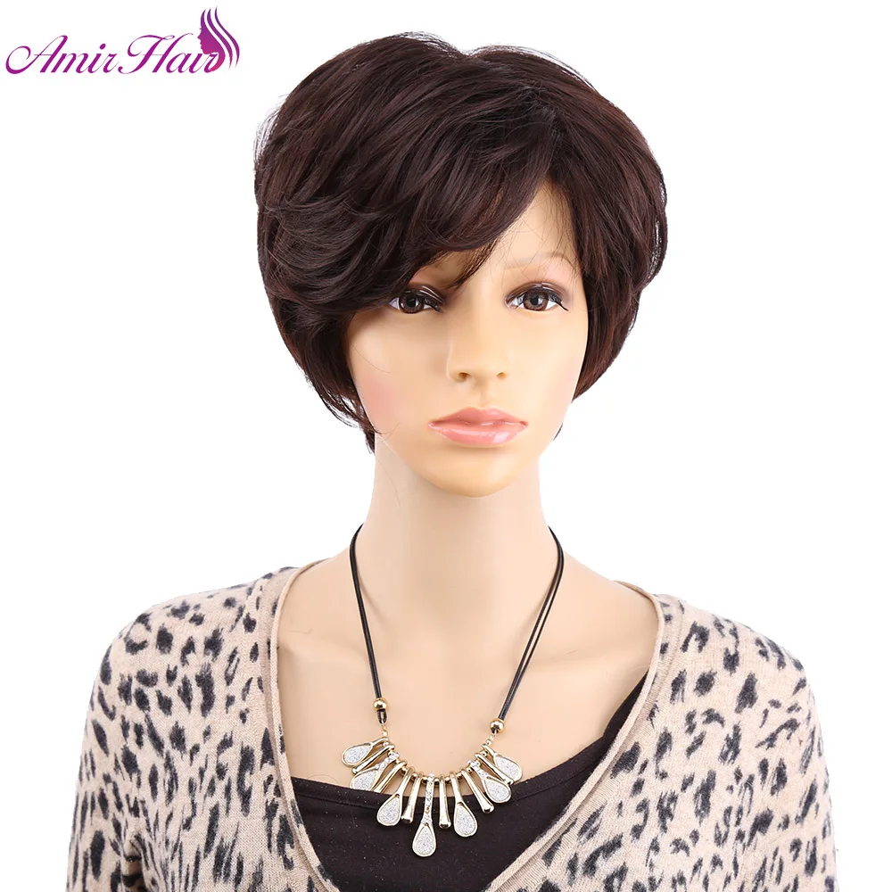 Amir Synthetic  Short Wave Wig For Women Brown Wigs With Natural Straight Hair With Side Bangs Pixie Cut Wig Daily Cosplay