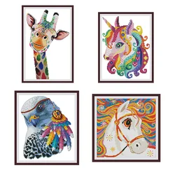 Colorful animal giraffe horse eagle count cross stitch kit 14ct printed cross stitch kit needlework embroidery DIY hand-stitched