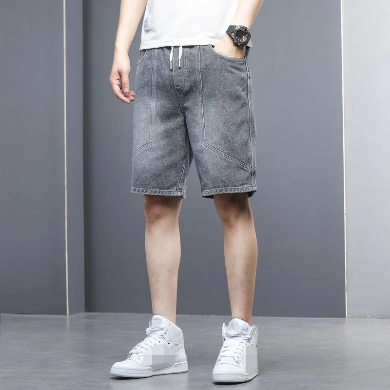 

New 2022 Summer Korean Style Straight Denim Shorts Vintage Elastic Waist Loose Fashion Mens Knee Length Shorts Plus Size M-5XL