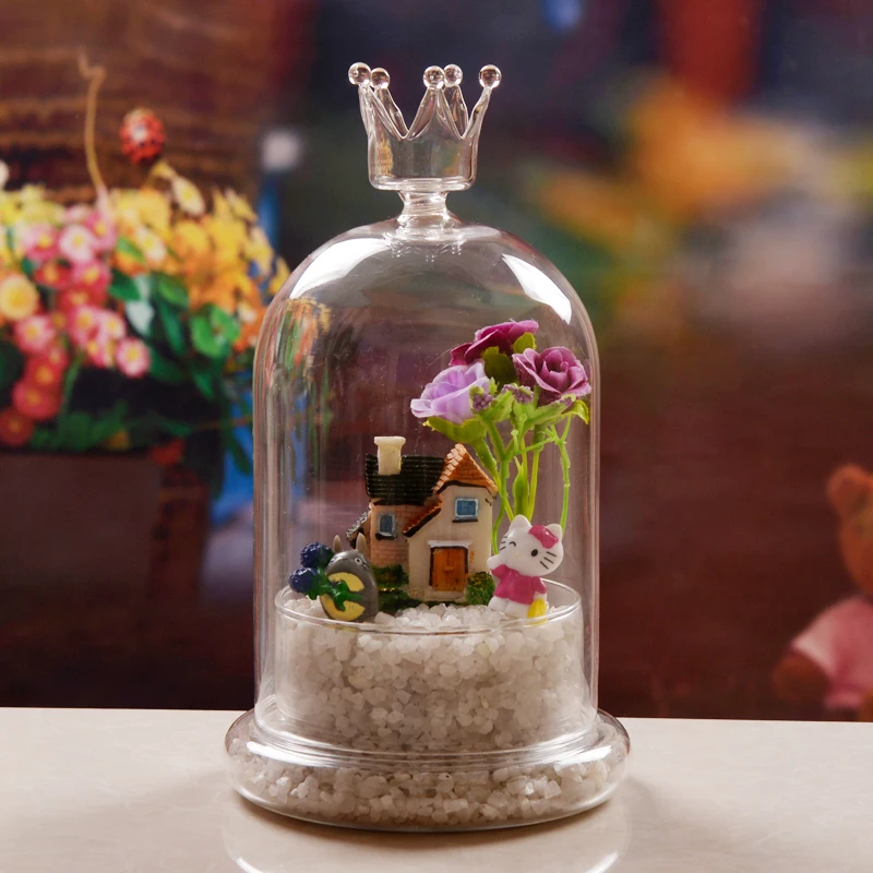 10*15cm Crown Top Glass Dome Vase With Glass Plate Base Home Decoration Transparent Cover Wedding Gift