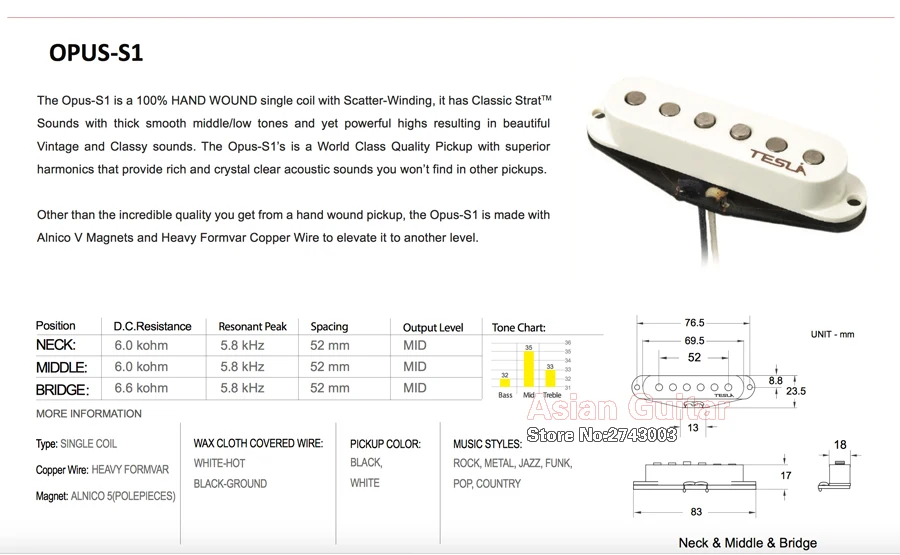 Tesla Opus-S1 Single Coil Alnico Guitar Pickup, White Color, World Class Quality Pickup, Neck Position