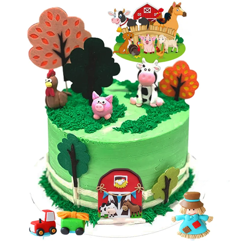 

Cake Topper Farm Birthday Party Cake Decoration Farm Animal Cupcake Tractor Cow Mushroom Cock Sheep Holiday Home Kids Supplies