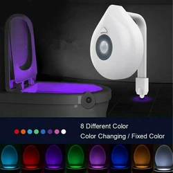 Luz LED nocturna con Sensor de movimiento para inodoro, 8 colores cambiantes, impermeable, funciona con pilas, para baño, hogar