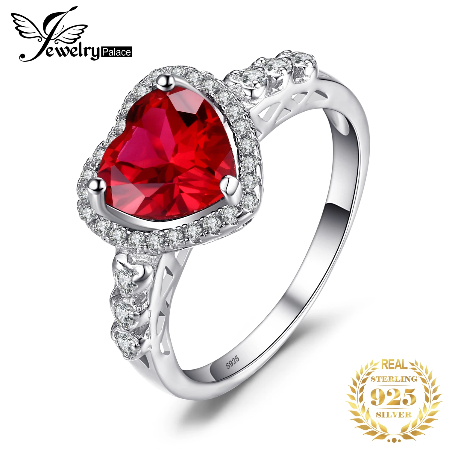 JewelryPalace Heart Love 2.5ct Created Red Ruby 925 Sterling Silver Pierścionek dla kobiet Biżuteria z kamieni szlachetnych