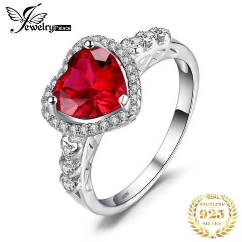 Jewelrypalace coração amor criado rubi vermelho 925 anéis de prata esterlina para as mulheres moda jóias de pedra preciosa halo noivado banda