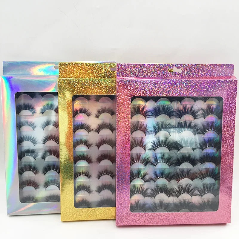 Cruelty Free Dramatic Fluffy Eyelashes Holographic Glitter 16pairs Lash Book with Natural 3D Full Strip Mink Lashes