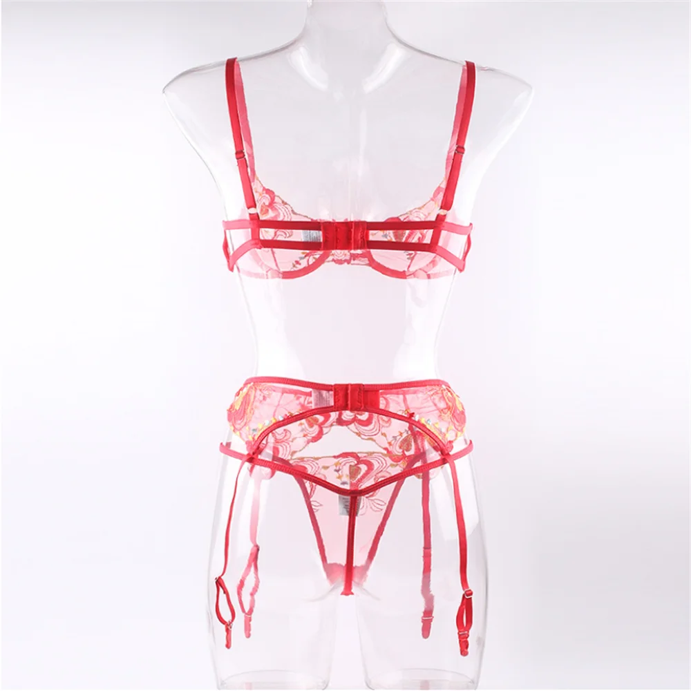 Perspective love embroidered t-pants bra, Garter Set, sexy three piece set, underwear