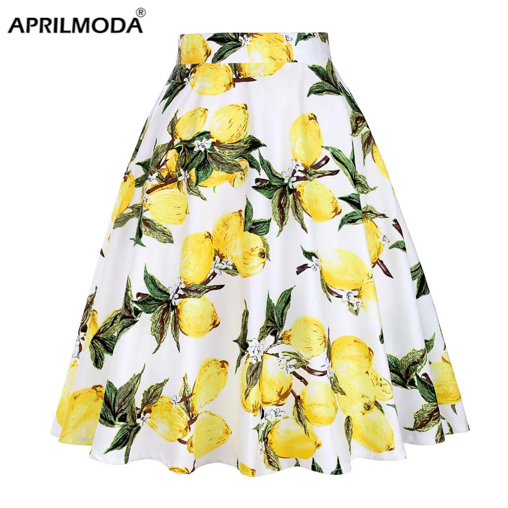 2023 Women Cotton Lemon Printed Short Midi 50s Skirts Yellow High Waist 60s Swing Rockabilly A-line Korean Casual Summer Skirts