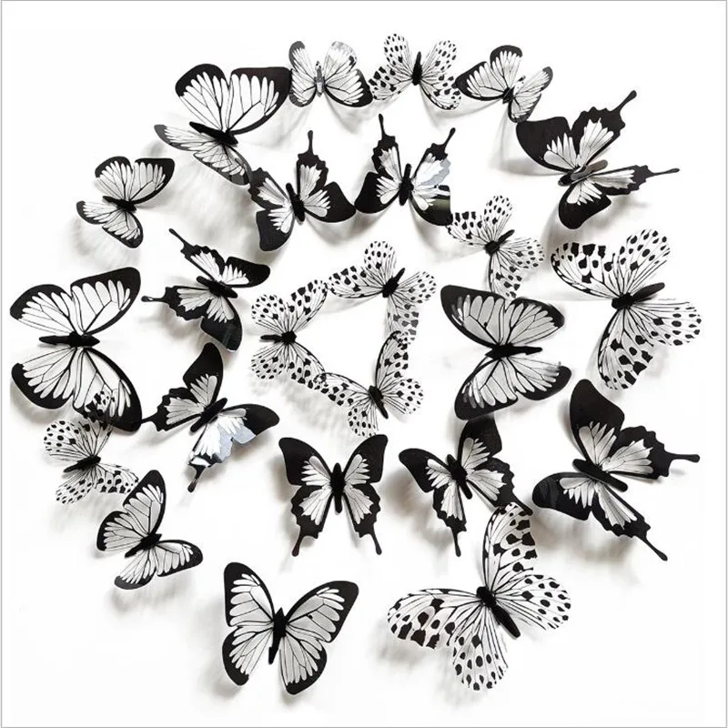 12PCS 3D Black & White Butterfly Wall Stickers Set Fridge Door Decor Simulation Pattern Living Room Decorative Mural