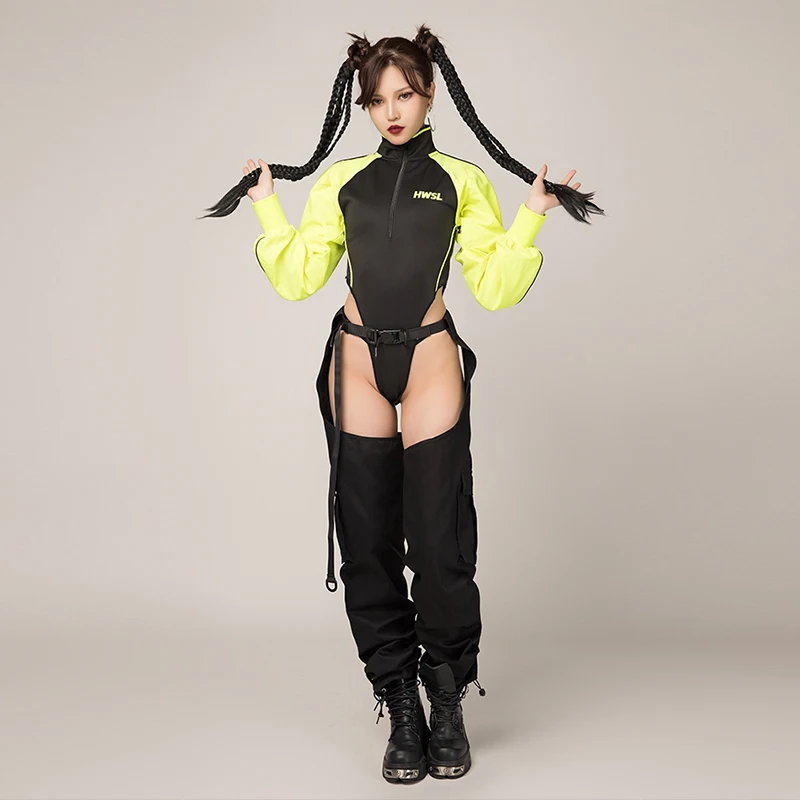 Hip Hop Dancer Outfits Fluorescence Green Bodysuit Sexy Hollow Out High Waist Pants Nightclub Gogo Jazz Dance Costume VDB4738