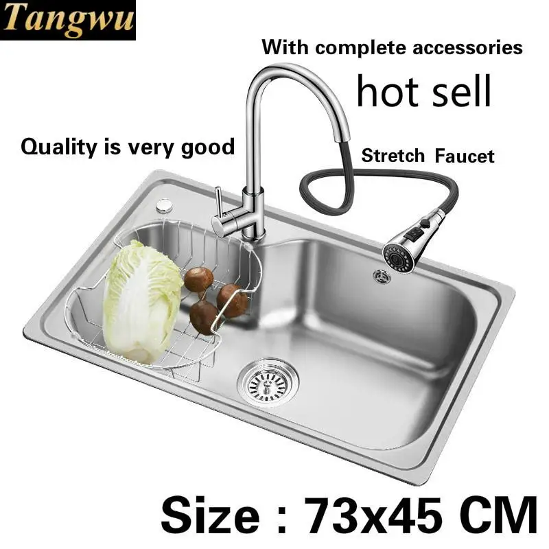 

Free shipping Standard Kitchen sink 0.8 mm single slot food grade 304 stainless steel durable stretch tap hot sell 73x45 CM