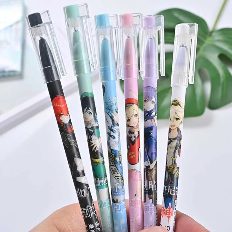 6Pcs Game Genshin Impact Erasable Pen Blue Black Ink Magic Ballpoint Pen 0.5mm For School Office Writing Supply Stationery gift