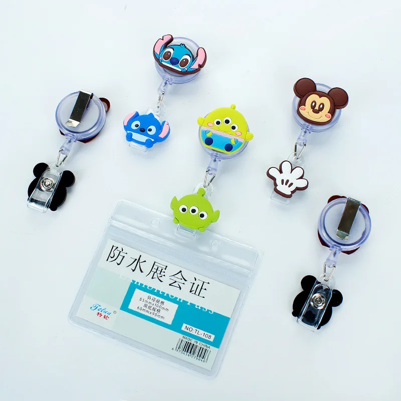 Disney Cartoon Silicone ID Card Holder Stitch Mickey Retractable buckle Badge Clip Student Office Name Bus Card Badge Holder