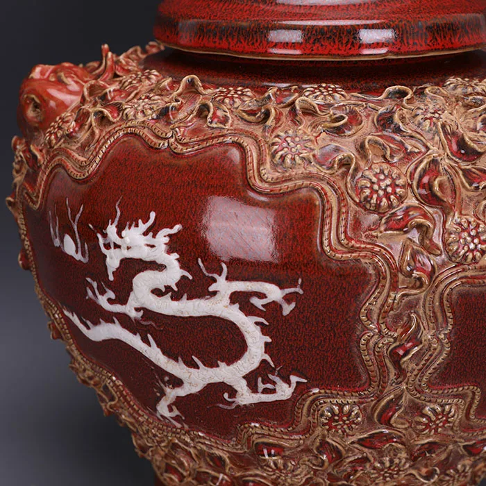 Yuan Dynasty Red Glazed Hand-knocked Flower Pile Carved Dragon and Phoenix Pattern Dog Jar