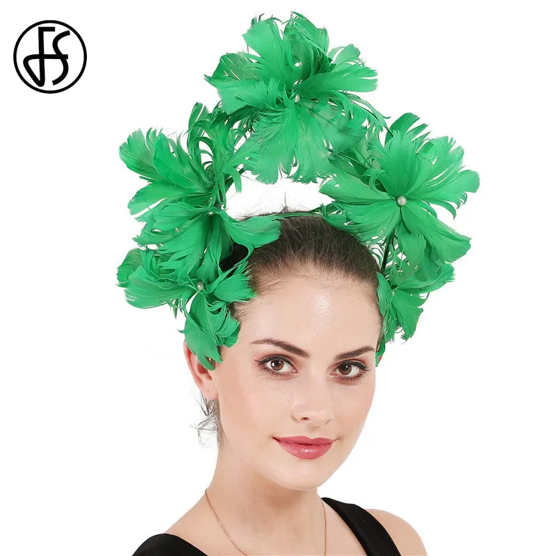 FS Green Fascinators For Wedding Ladies Church Hats Big Derby Feather Hair Bride Pearl Headwear Beautiful Flower Accessories