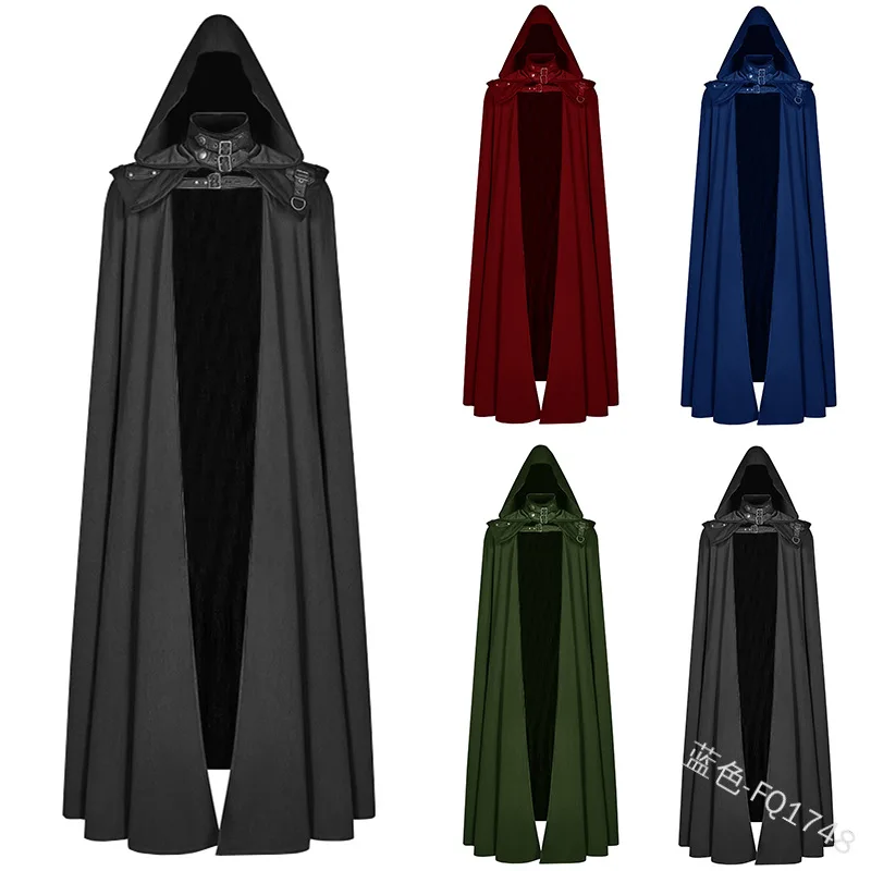 5xl New Halloween Vampire Pagan Costume Black Hooded Shawl +Cloak Retro Steampunk Wizard Master Cosplay Outfits For Men