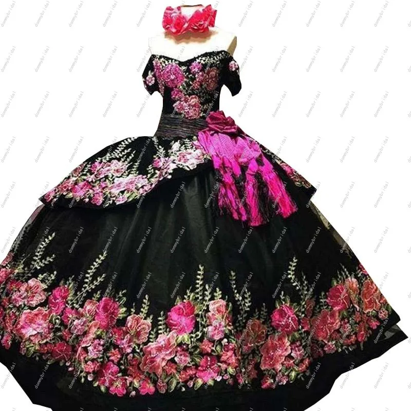 Vintage Off Schulter Vestidos De 15 Años 2023 Schwarz Quinceanera Kleid 3D Floral Blumen mit Ärmeln Süße 16 Puffy Kleider