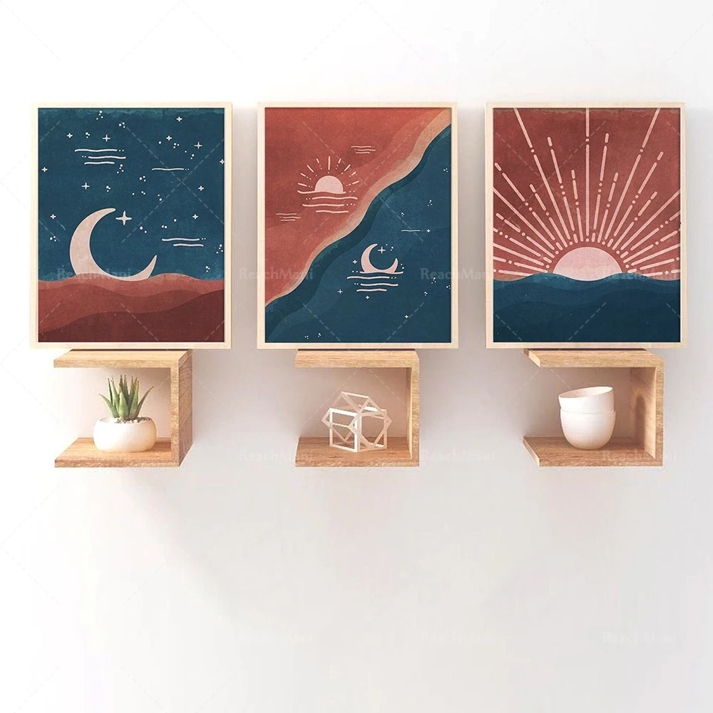 

Nautical bohemian sun and moon wall art poster. Bohemian astronomical view, harmony between the terracotta warriors and the sea.