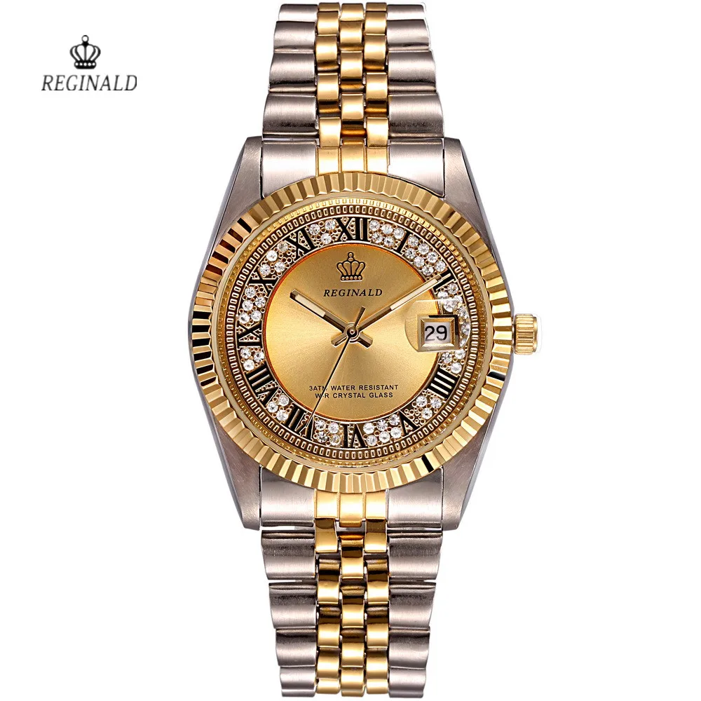 REGINALD Golden Lady Watch Date Crystal Styles Women\'s Dress Clock Water Proof